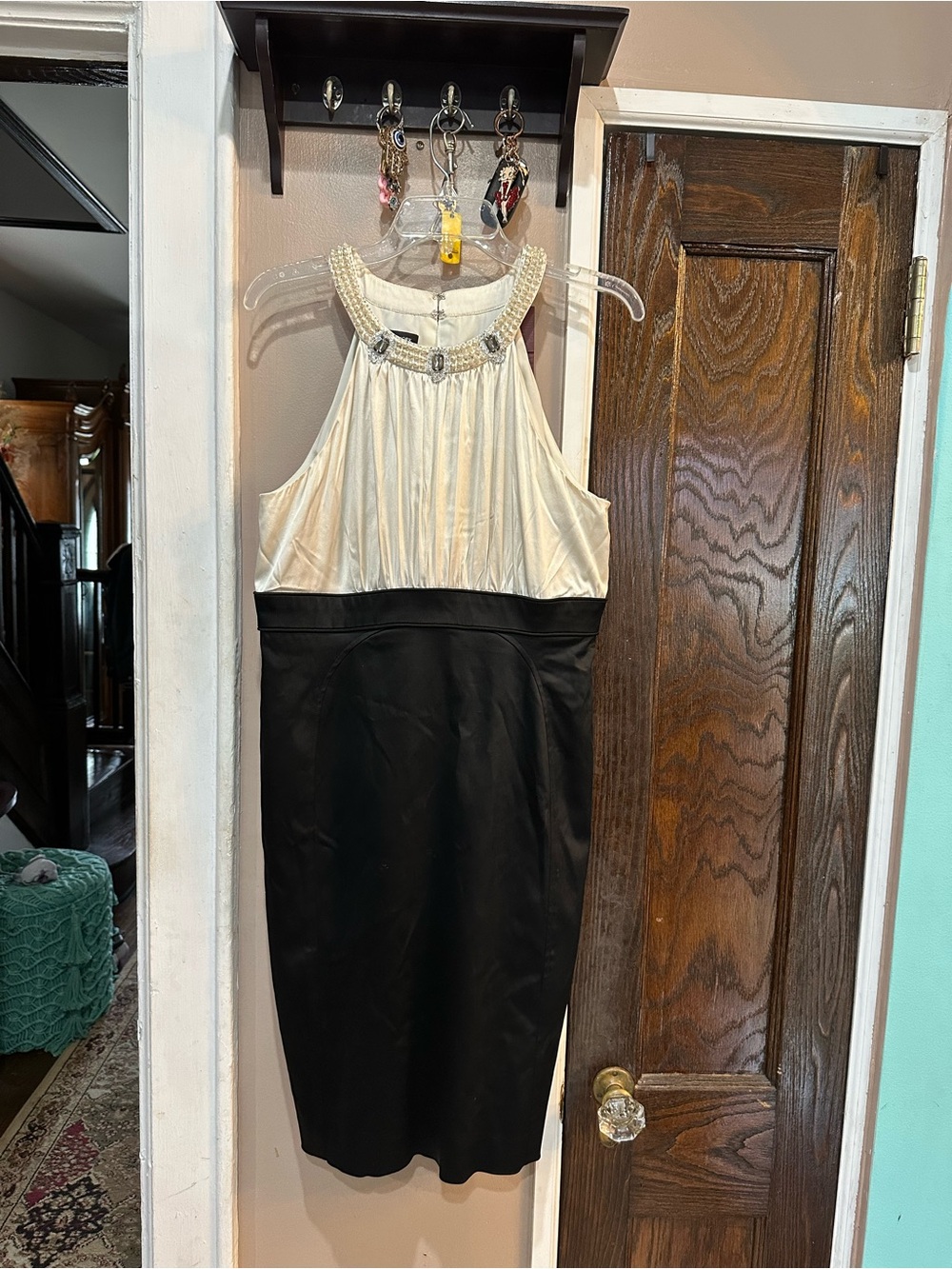 Jones New York Two-Tone Pearl Halter Midi Dress - Ivory and Black